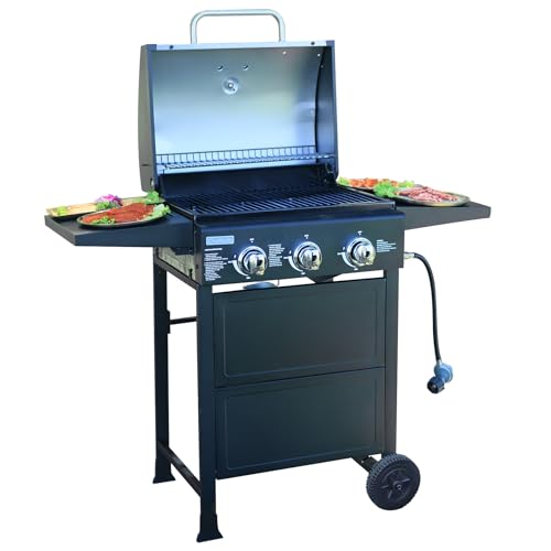 Grill. 3 burner gas grill, Propane Grill, bbq grill with thermometer, gas grill outdoor for small gatherings, 30000 BTU barbecue grill with Foldable Rack.
