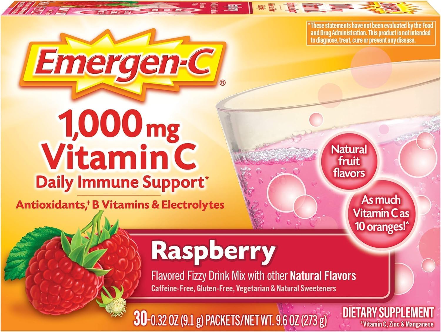 Emergen-C 1000mg Vitamin C Powder, with Antioxidants, B Vitamins and Electrolytes, Immunity Supplements for Immune Support, Caffeine Free Fizzy Drink Mix, Raspberry Flavor, 0.32 Ounce (Pack of 30)