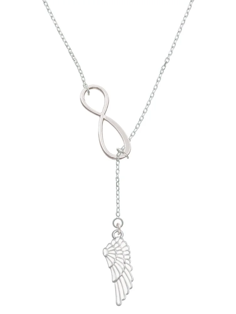 Delight Jewelry Silvertone Large White Enamel Angel Wing Silver tone Elegant Infinity Lariat Necklace
