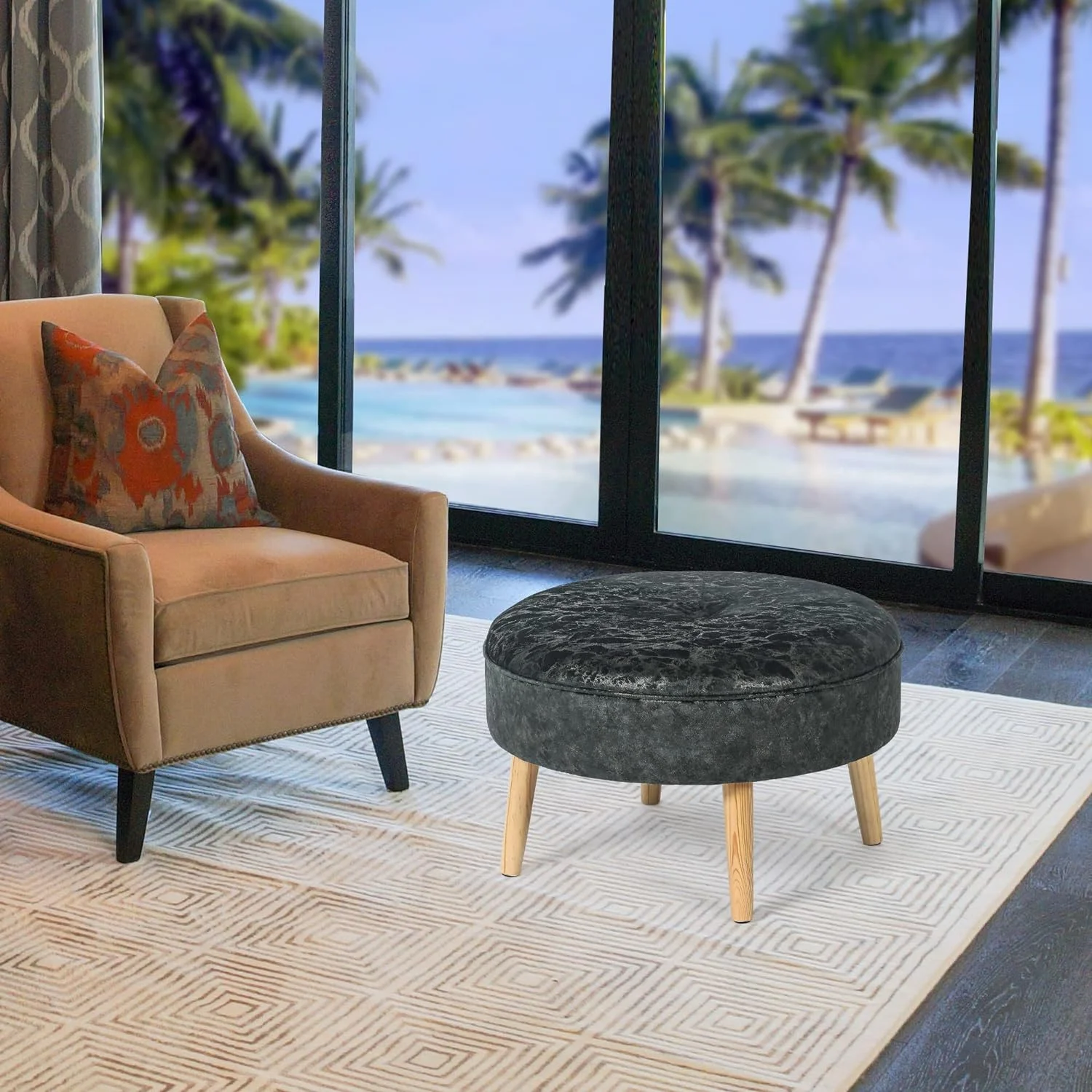 Small Round Ottoman, Velvet Upholstered Footrest Stool Seat With Wooden Legs, Vanity Stool Coffee Table For Bedroom Living Room (Grey-Gold)