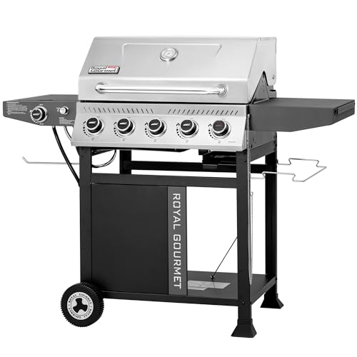 Royal Gourmet GA5406TS 5 Burner Propane Gas Grill with Side Burner and Sear Burner, Cart Style Gas BBQ Grill with Porcelain-Enameled Cast Iron Grates for Backyard Cooking, Silver & Black