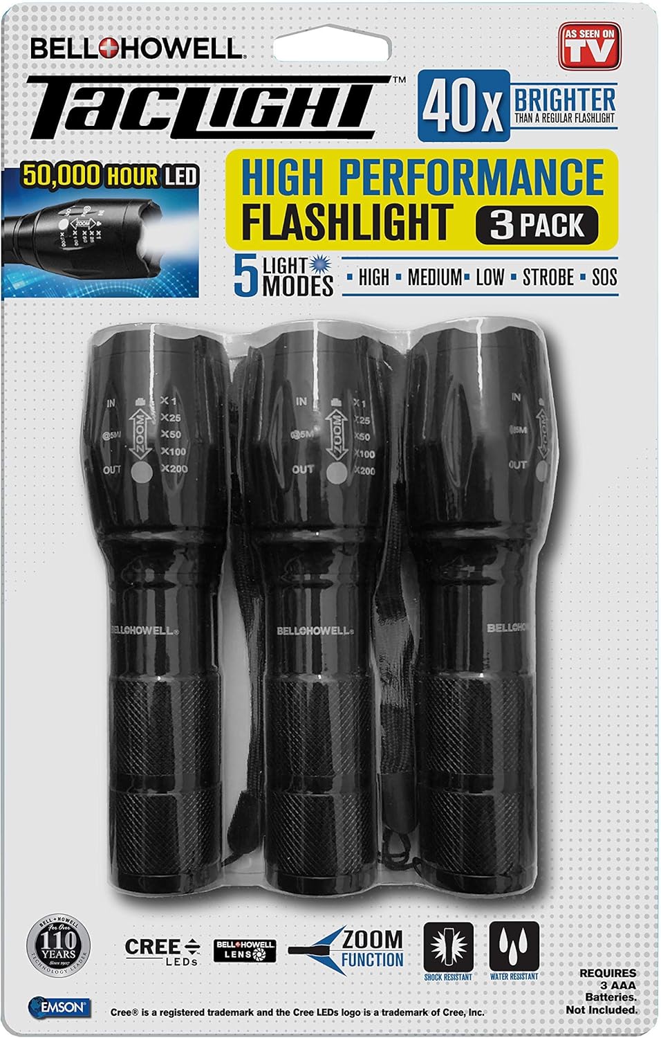 Taclight Flashlight by Bell+Howell High Lumens LED Tactical Flashlight 5 Modes & Zoom Function 40X Brighter Water Proof Handheld FlashLight For Emergency Camping Accessories As Seen On TV Set of 3
