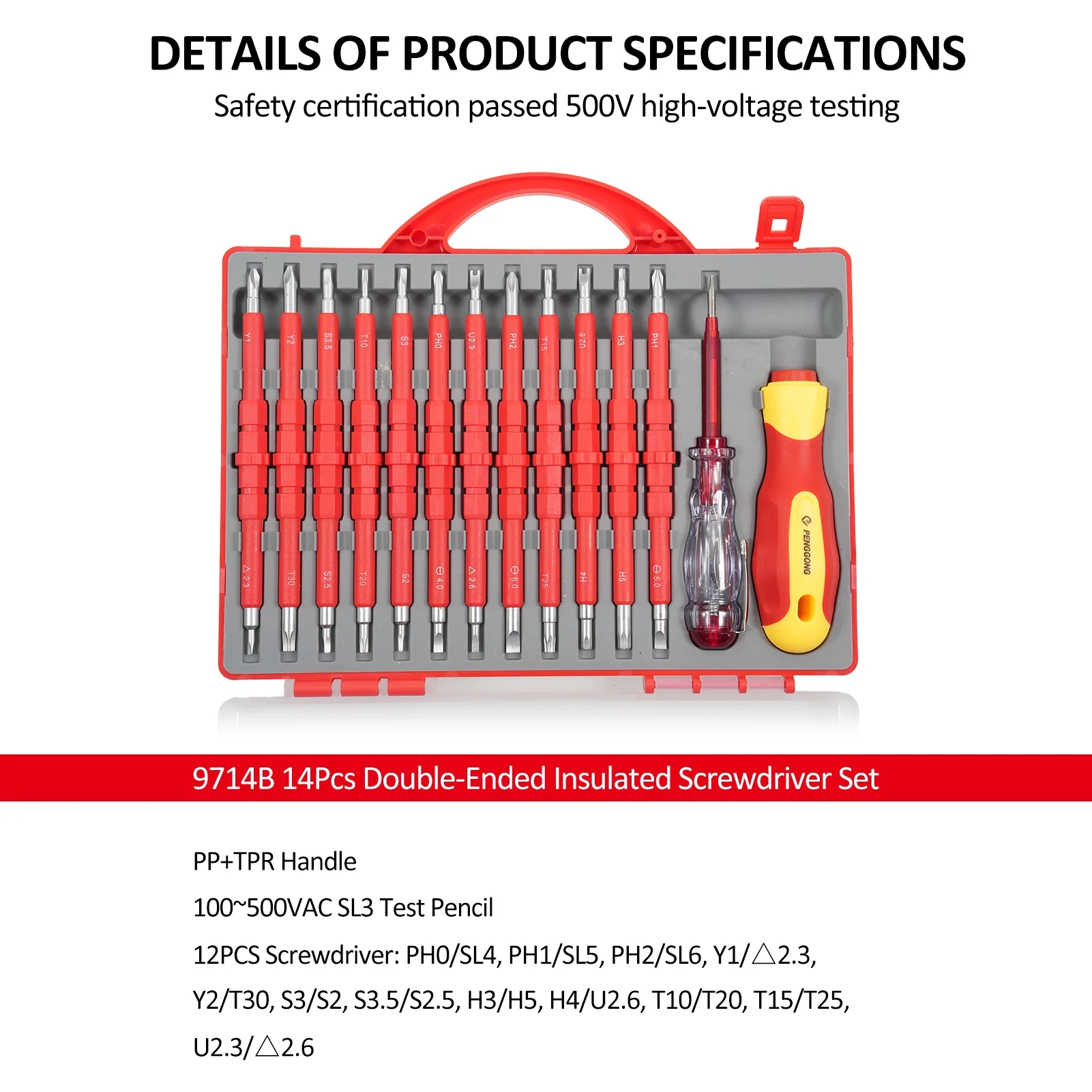 PENGGONG Screwdriver suits,Test Pencil 9714B Premium Professional Set 500V Set 12Pcs Premium - Professional Tool All-in-One Premium Handle All-in-One Premium Set 12Pcs Tool 500V Non-Slip Handle