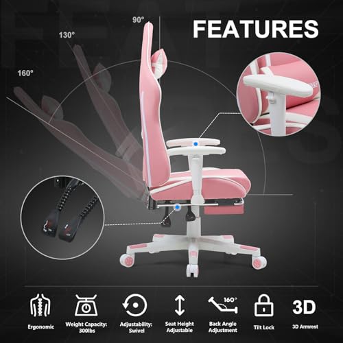GTRACING Gaming Chair with Footrest, Ergonomic Computer Game Desk Chair, Recline Gaming Chair Seat Height Adjustment, Swivel Rocker with Headrest and Lumbar (Blue)