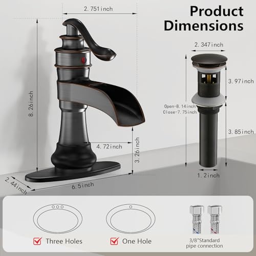 Vessel Sink Faucet, Oil Rubbed Bronze Black Bathroom Faucet, Farmhouse Waterfall Sink Faucet Single Hole with Pop Up Drain Assembly Without Overflow One Hole Mixer Tap Deck Mount