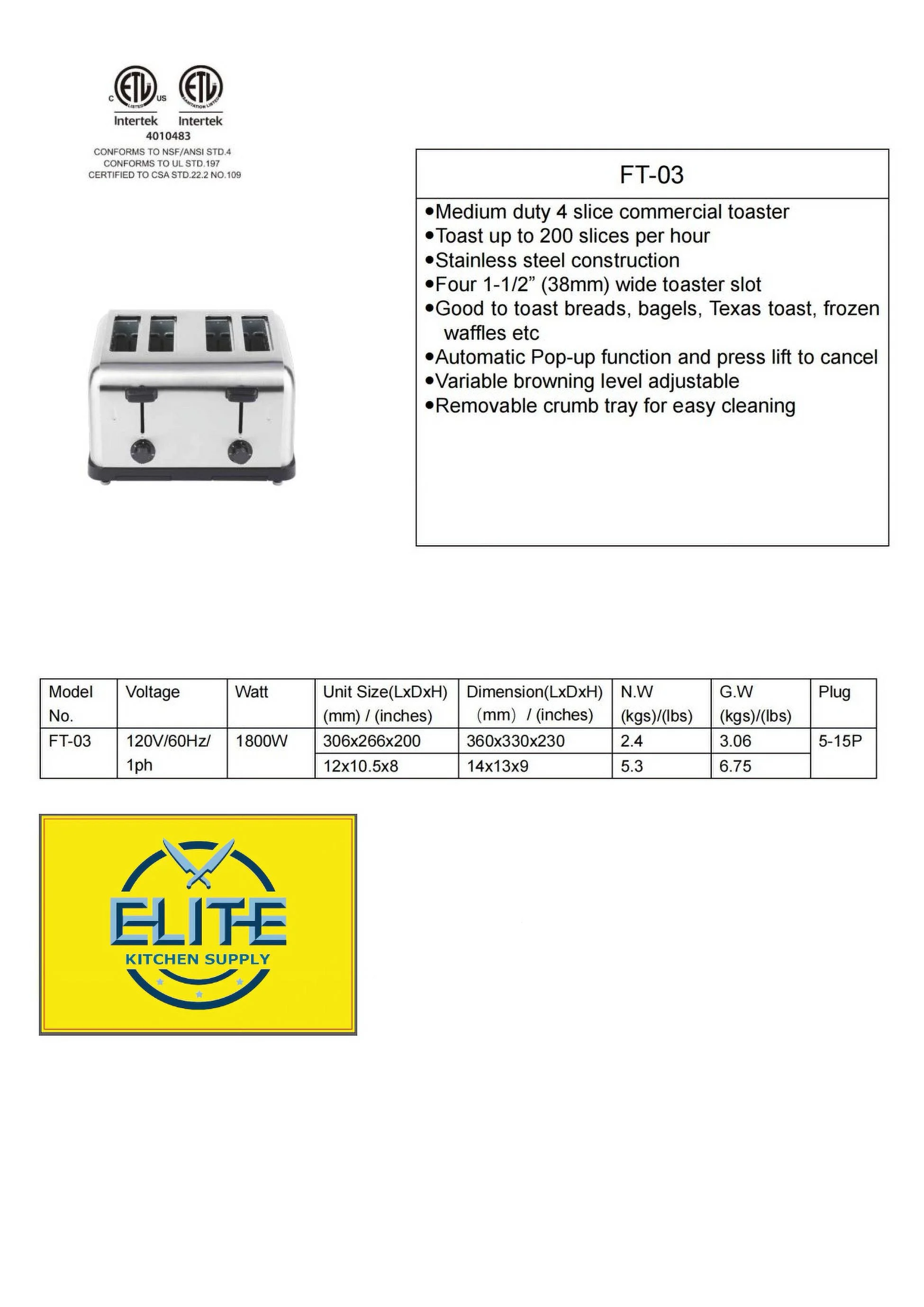 Commercial Manual 4-Slice Toaster, Stainless Steel, New, Good Quality Machine