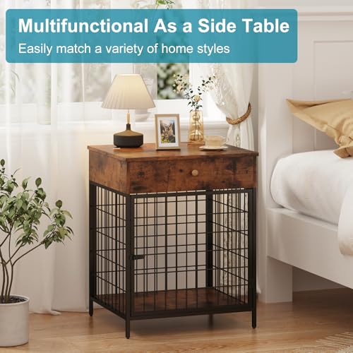 Decorative Grey Steel-Tube Dog Kennel Table with Drawer, Chew-Proof Indoor Pet Crate End Table for Small Dogs