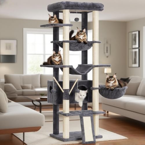 Heybly Cat Tree for Indoor Cats Large Adult with Big Platform, 68.1-inch Tall Cat Tower with Sisal-Covered Scratching Posts, Multi-Level Cat Condo Furniture with Hammocks, Smoky Gray HCT035G