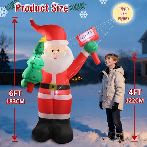 6 FT Christmas Inflatable Santa Claus Outdoor Decorations with Built-In LEDs, Blow-Up Santa for Yard Decorations, Inflatable Xmas Decorations for Christmas Indoor, Outdoor, Garden, Lawn, Winter Decor.