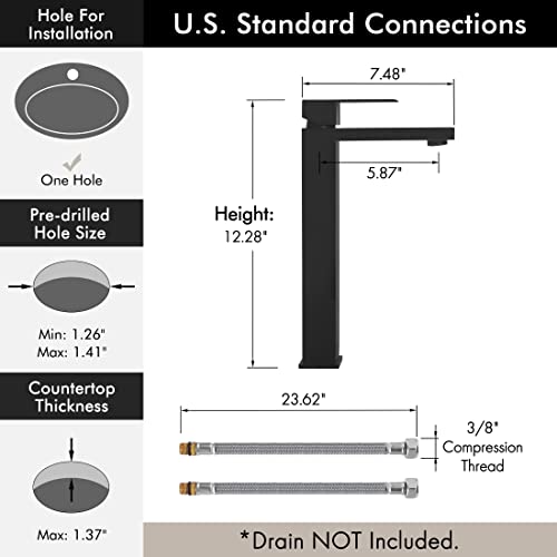 KES Vessel Sink Faucet, Black Bathroom Faucets, Tall Bathroom Faucets with Sink Drain with Overflow, L3156BLFF12-BK-C1