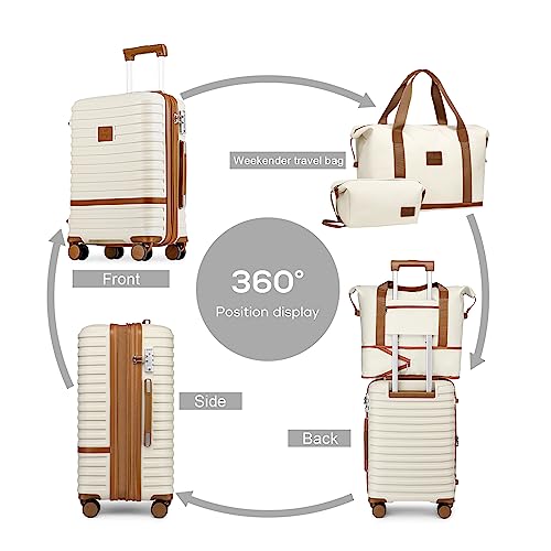 Joyway Carry On Luggage 20 Inch Expandable Suitcase with Spinner Wheel, 4 Piece Hard Shell Luggage Set with TSA Lock(White brown)