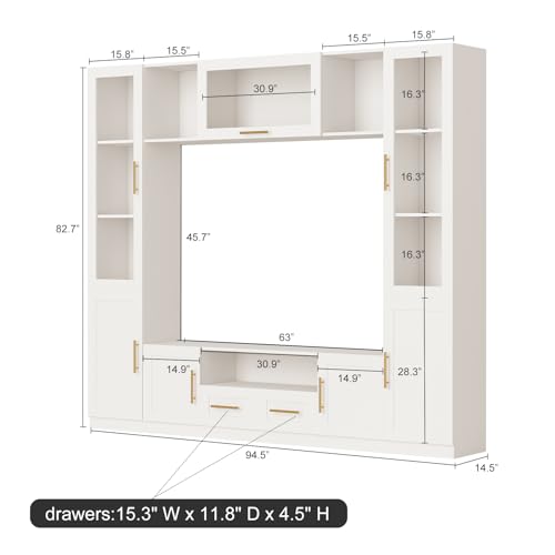 Entertainment Wall Unit, 4-Piece Large TV Stand Wall Unit Entertainment Center with Bookshelves & Storage, Wall Media Center with Shelves for TVs Up to 70