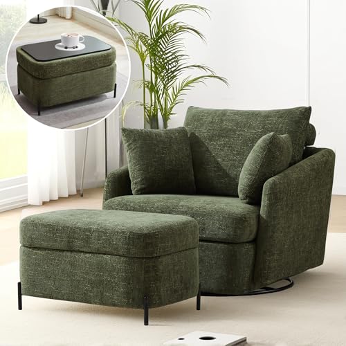 Sinzho & Wiyfun Oversized Swivel Accent Chair with Ottoman Upholstered Large Chenille Arm Chair with 3 Pillows for Living Room, Green