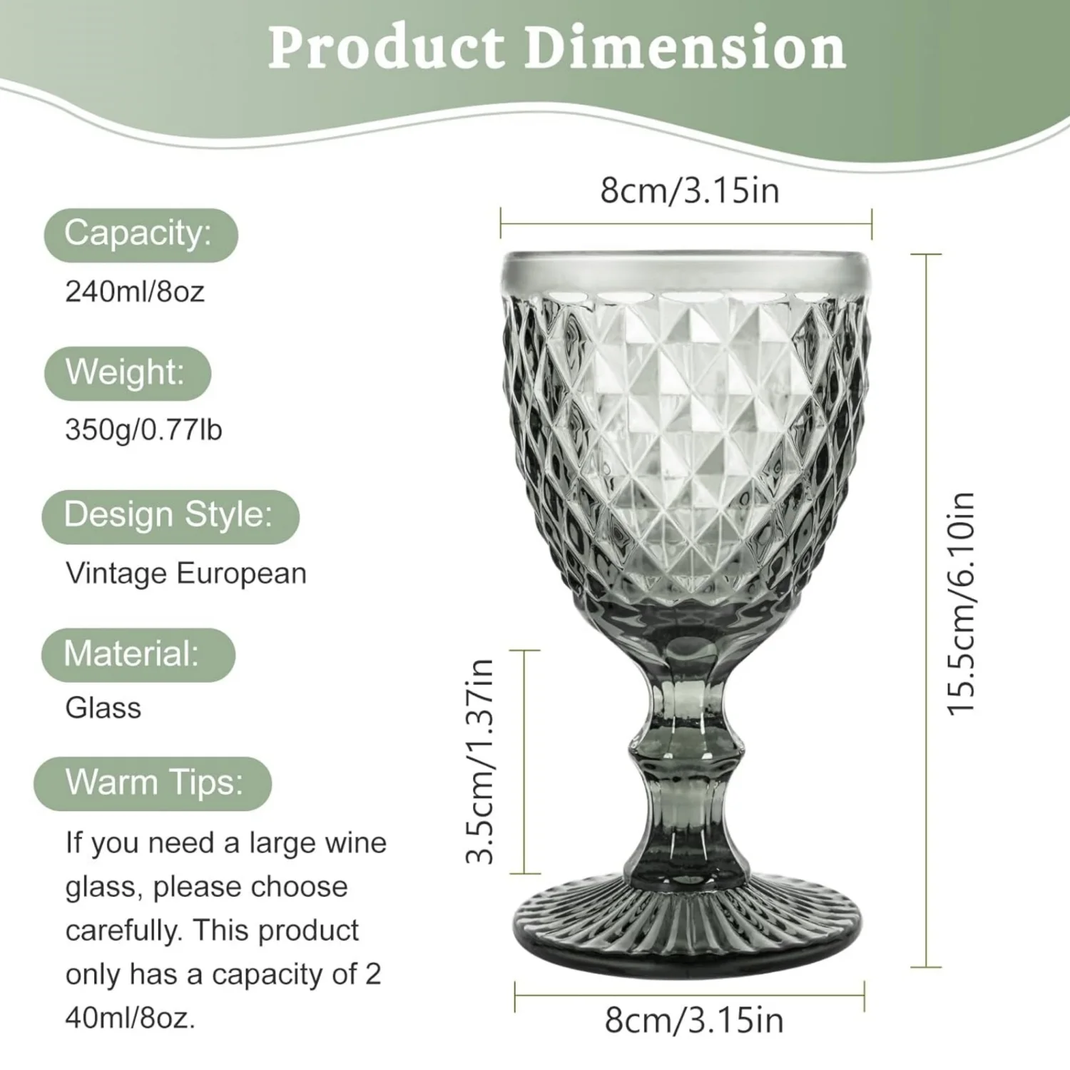 NIERBO Wine Glass Set of 6, 8 Ounce Smoke Gray Diamond Pattern Wine Goblets, Vintage Blue Drinking Glasses for Wedding Party Bar Holidays Anniversary