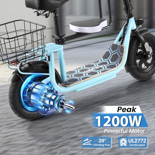 Caroma Peak 500W/800W/1200W Electric Scooter with Seat, 30 Miles Max Range Electric Scooter Adults&Teens, 48V Large Battery, 20MPH Top Speed Foldable Ebike, Adjustable E-Bike with Basket&Kid Seat