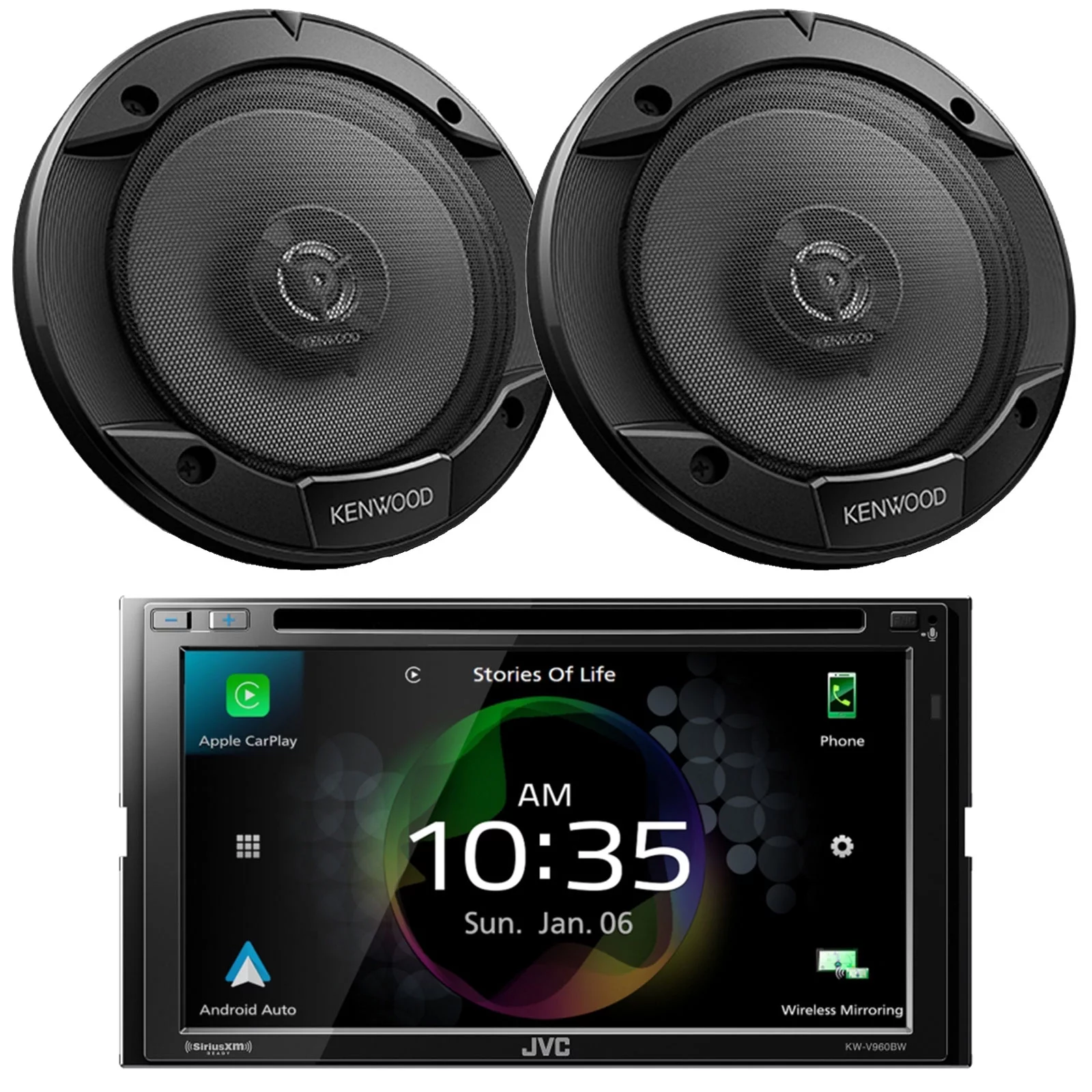 JVC KW-V960BW Double DIN AM/FM Radio Dual USB Bluetooth CD/DVD Player Car Receiver Bundle Combo with 2x 6.5