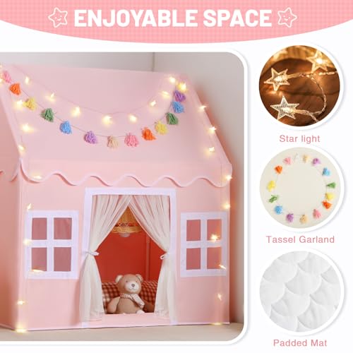 Kids Play Tent Indoor: with Mat, Tassel Garland, Star Lights - Toddler Girl Tent Indoor Playhouse for Toddlers Kids Toys for Boy Girl Birthday Gift