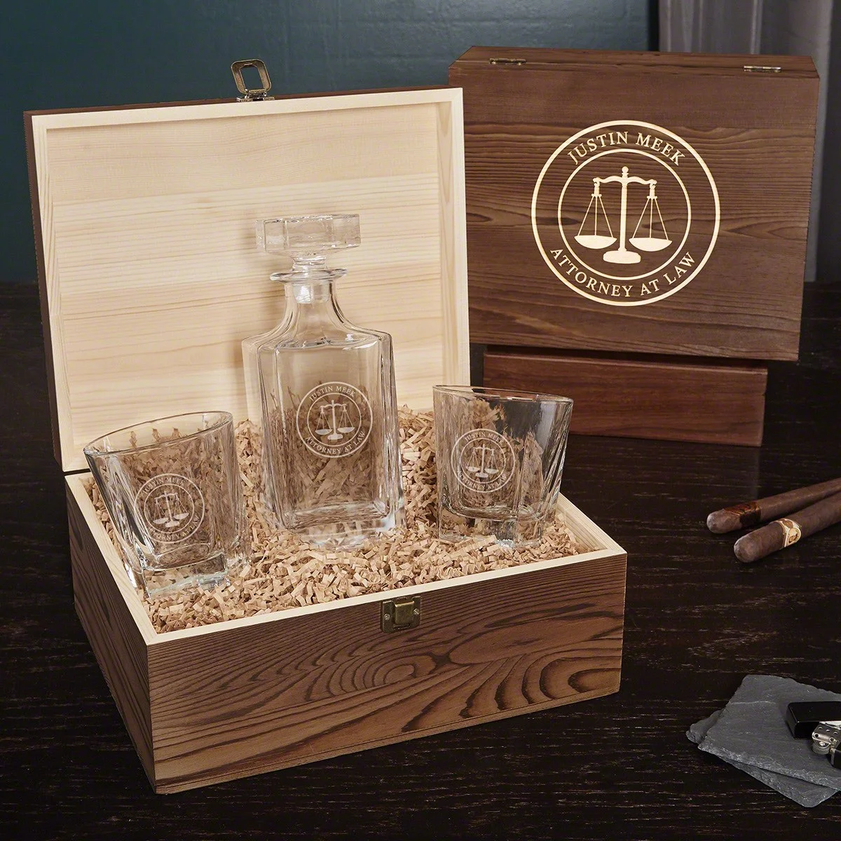 Scales of Justice Personalized Whiskey Decanter Set
