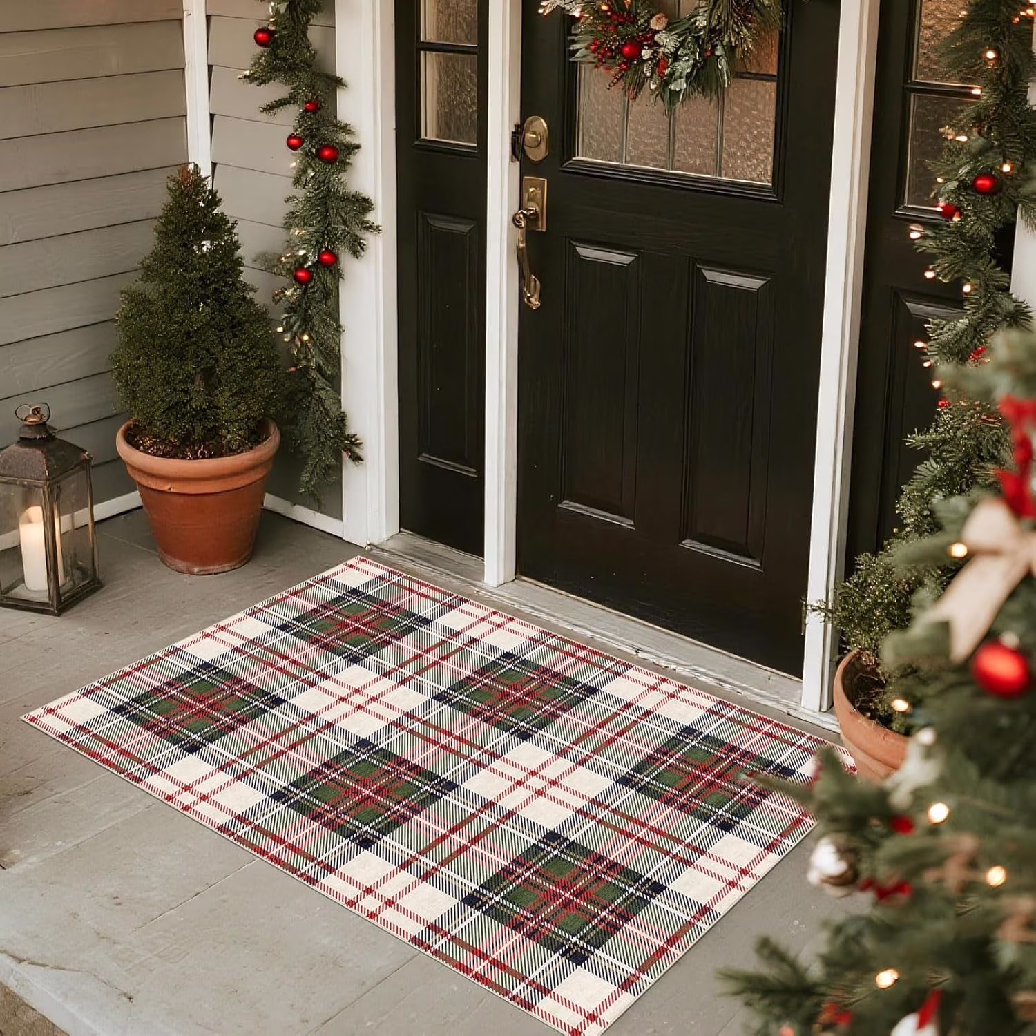 Christmas 3x5 Entry Rug - Small Washable Indoor Outdoor Mats for Front Door Non-Slip Porch Rug Holiday Tartan Plaid Throw Rugs for Living Room Bedroom Entryway Kitchen Office Porch Decor