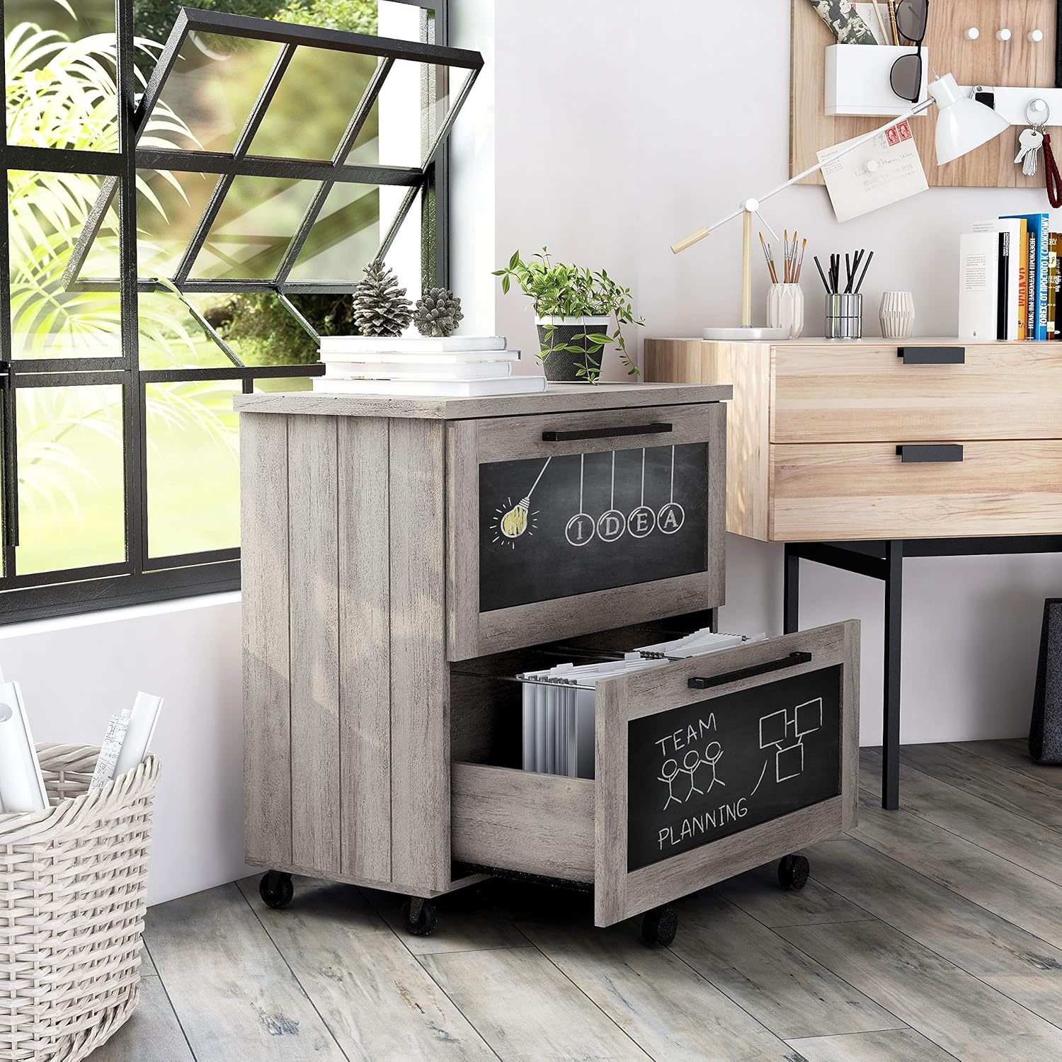 Brett Vintage Grey Oak 2-Drawer File Cabinet Country Rustic Urban MDF Paperboard Mobile