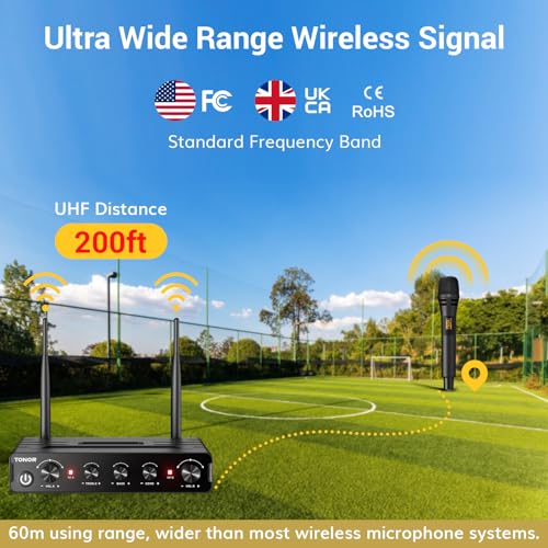 TONOR Wireless Microphone Systems, UHF Cordless Karaoke Microphones, Handheld Dynamic Mic Microfono Kit with Receiver for Karaoke, Singing, Church, Adjustable Frequencies, 200ft Range TW350 Black