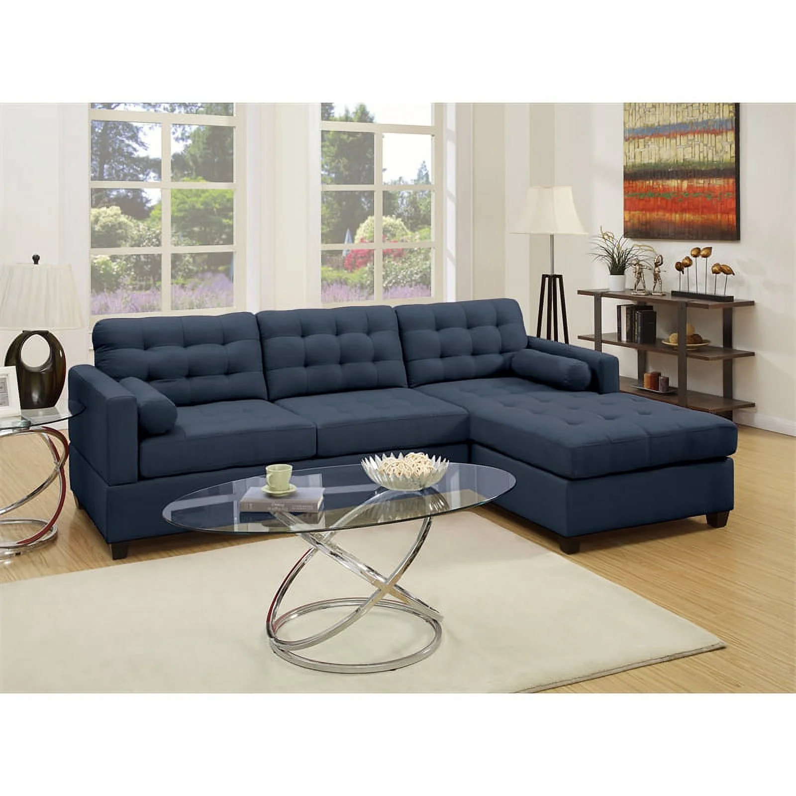 Poundex Furniture 2 Piece Fabric Compact Sectional Sofa Set in Dark Blue Color