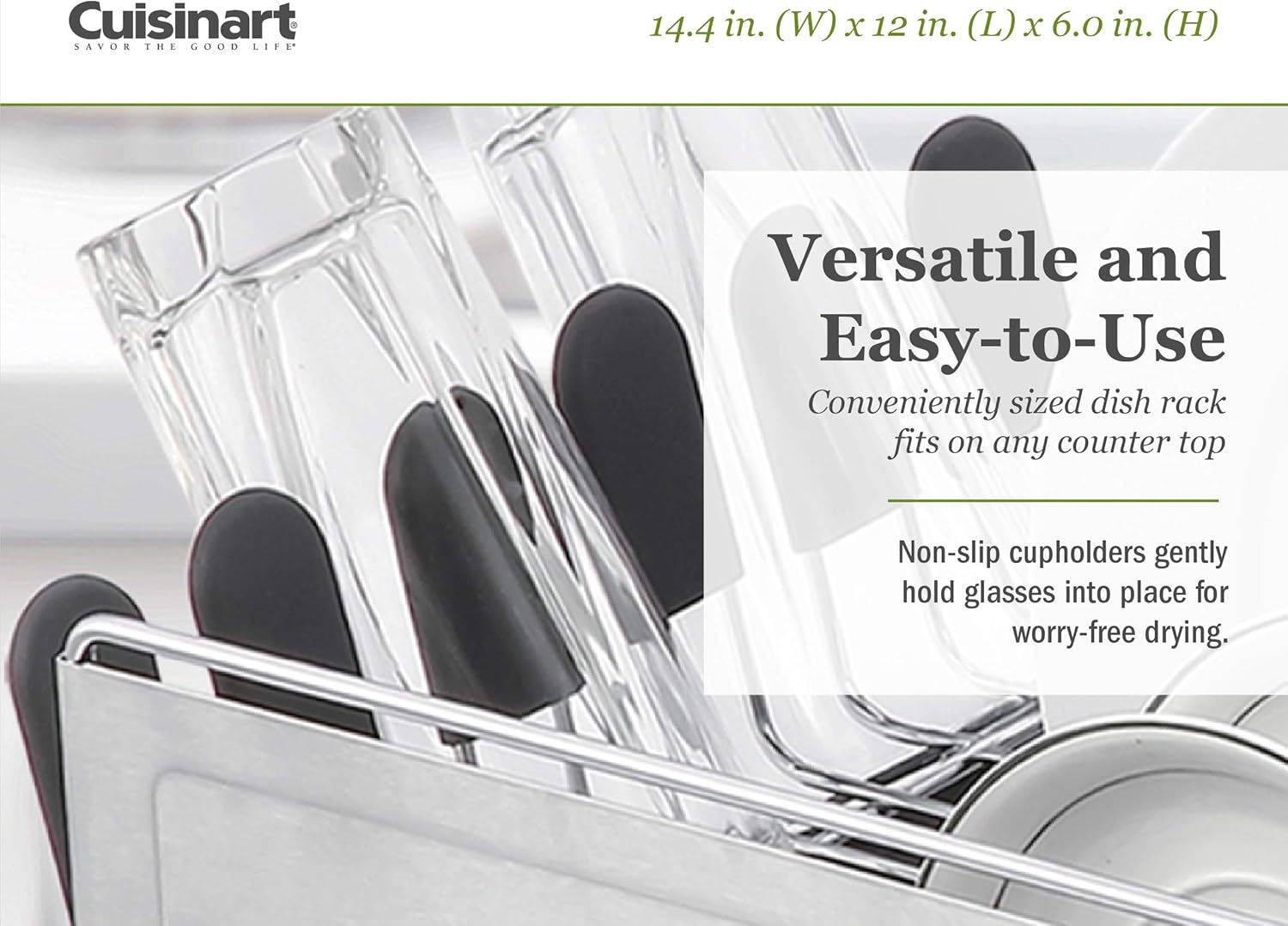 Cuisinart Stainless Steel Dish Drying Rack – includes Wire Dish Drying Rack, Utensil Caddy, Draining Board, Stemware Holder, and Non-Slip Cup Holders, 14.4” x 12” x 6”- Stainless Steel/Black