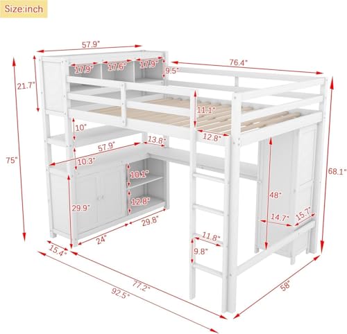 Merax Full Loft Bed with Desk, Wardrobe, Bookshelf & Storage, Dark Blue, Wood