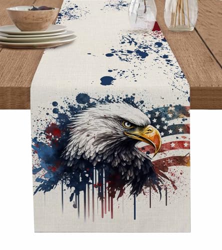 Independence Day Cotton and Linen Table Runner 13 x 90 Inches, Kitchen Table Runner Eagle USA Flag Watercolor Style Dresser /Cabinet/ Dinning Table Decor