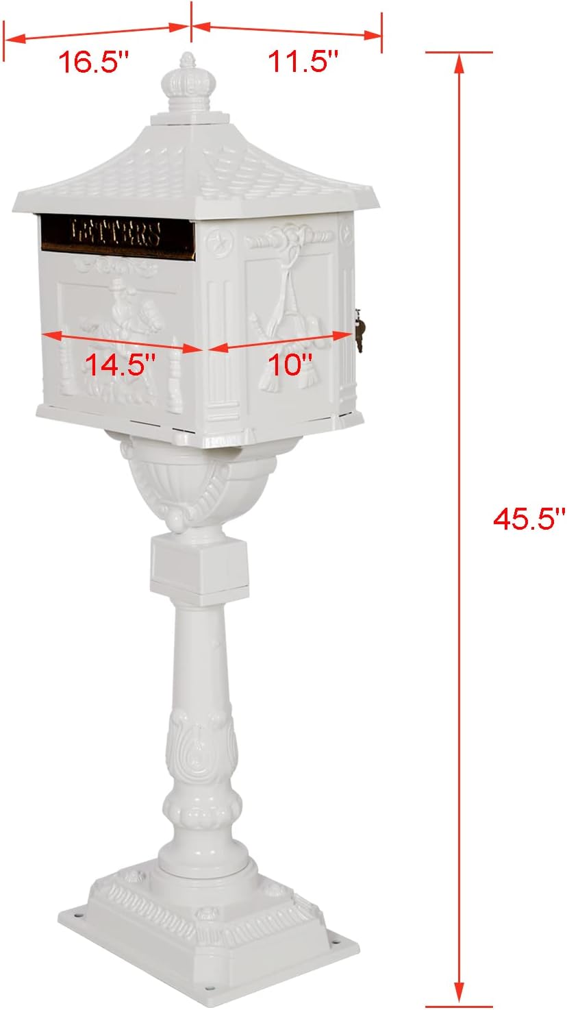Cast Aluminum Vintage Mailbox with Post,Freestanding Mail Boxes for Outside,Postal Box with Locking Security and Heavy Duty Support Stand 2 Keys for House Home Outdoor Doorway Garden,Gifts,White
