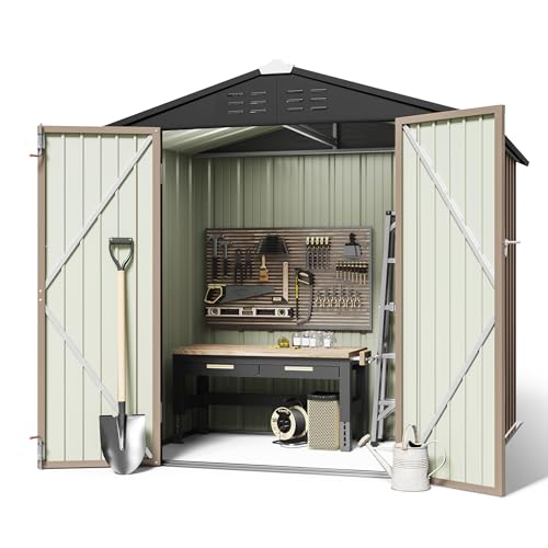 Greesum Outdoor Storage Shed 6 x 8 ft. Utility Tool Shed Metal Storage Garden Shed with Door & Lock for Patio Storage, Brown