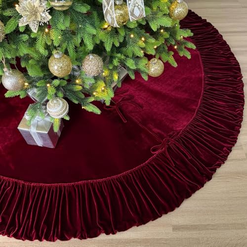 60-Inch Ruffled Velvet Christmas Tree Skirt with Foam Padding, Nylon Backing and Lace-Up Tie Closure, Burgundy