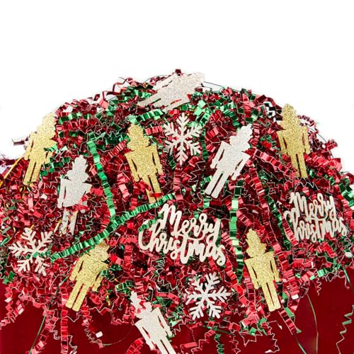 PAPER FAIR 1LB Metallic Red Green Christmas Crinkle Cut Paper Shred Filler w/Tree & Snowflake Confetti, Gift Wrap Packaging Raffia Tissue Strand, Craft Bedding Cushion, Winter Birthday Box Basket
