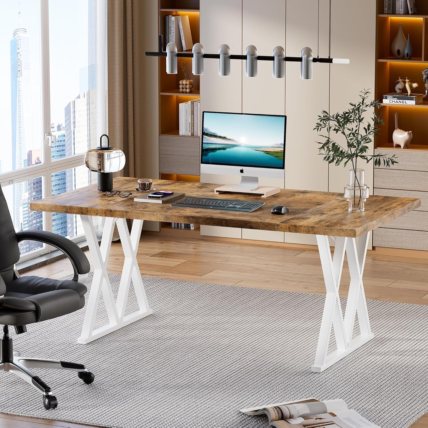 70.8 Inches Home Office Computer Desk, Large Executive Desk with X Shaped Metal Legs & Adjustable Feet, Modern Simple Style Workstation Laptop Desk Study Writing Table, Office Furniture