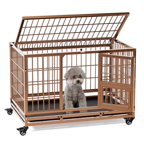 Gardner Pet 43 Inch Heavy Duty Dog Crate with Wheels, Folding Metal Dog Cage for Small/Medium and Large Dogs, Indestructible Dog Crate with Removable Tray (Black)