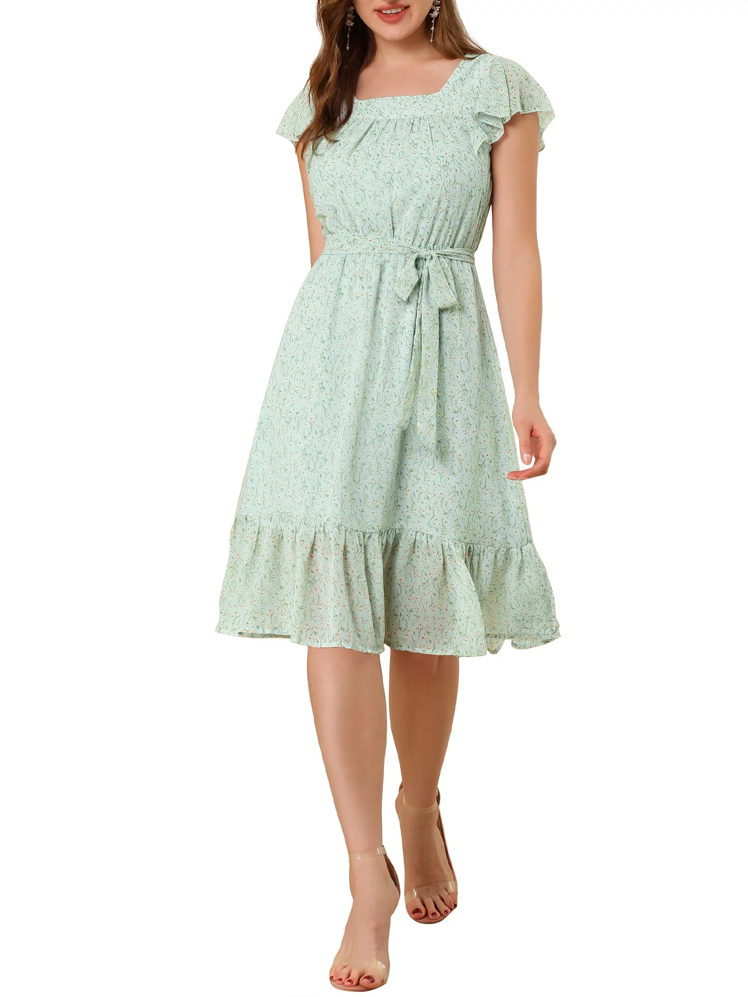 MODA NOVA Juniors Floral Print Flutter Sleeves Square Neck Ruffled Hem Dress