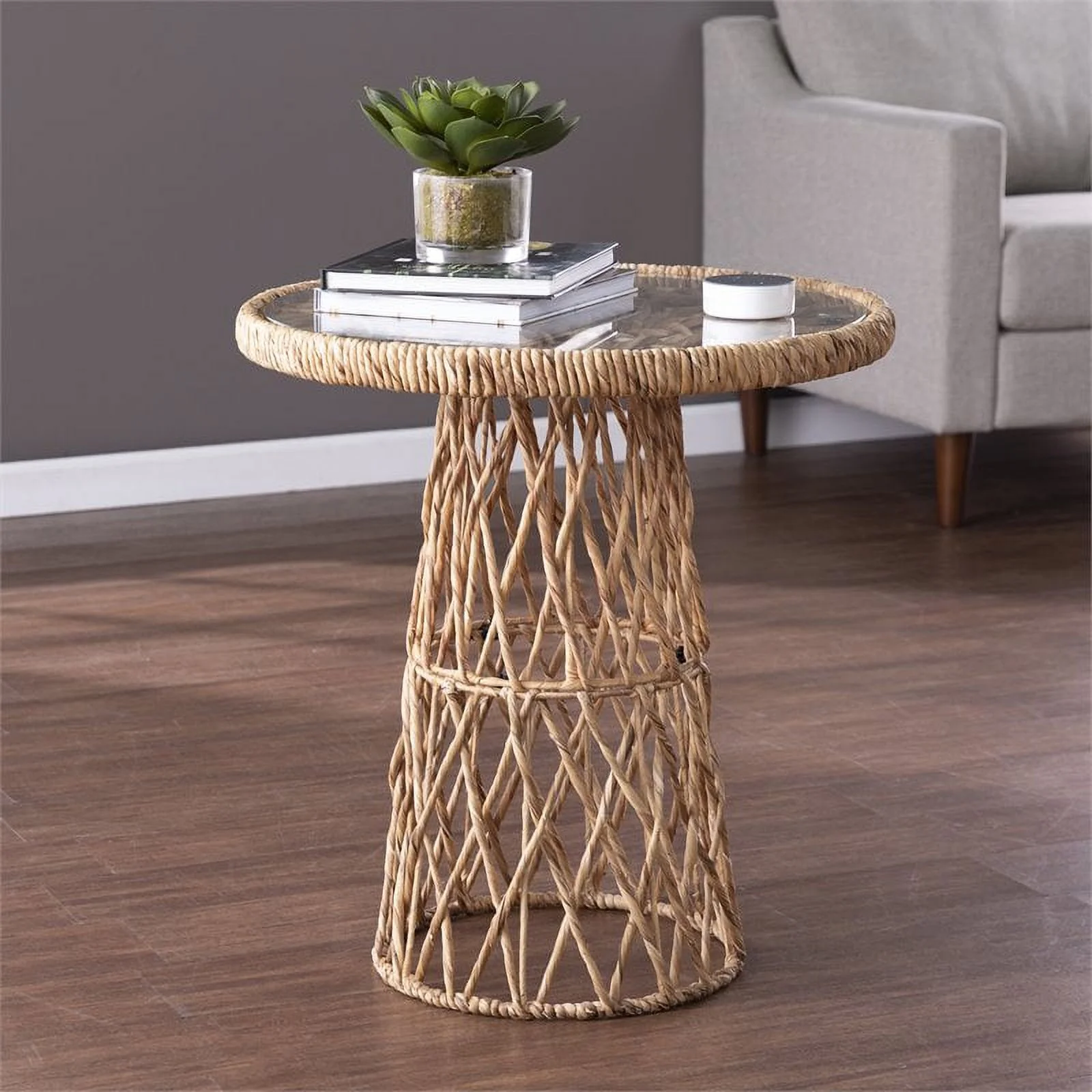Bowery Hill Modern Round Glass Top Rattan Side Table in Natural