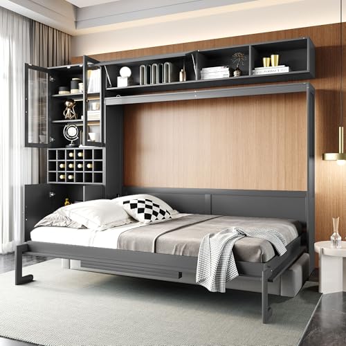 P PURLOVE Queen Murphy Bed with Sofa and Shelves, Wooden Wall Bed with USB and Light, No Box Spring Needed (White)