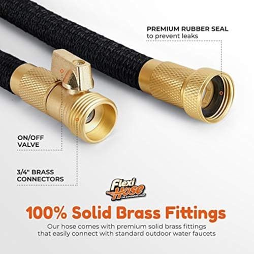 Flexi Hose Upgraded Expandable Garden Hose 50 ft Extra Strength 3/4 Solid Brass Fittings - The Ultimate No-Kink Flex 50 ft Water Hose (Black, 50FT)