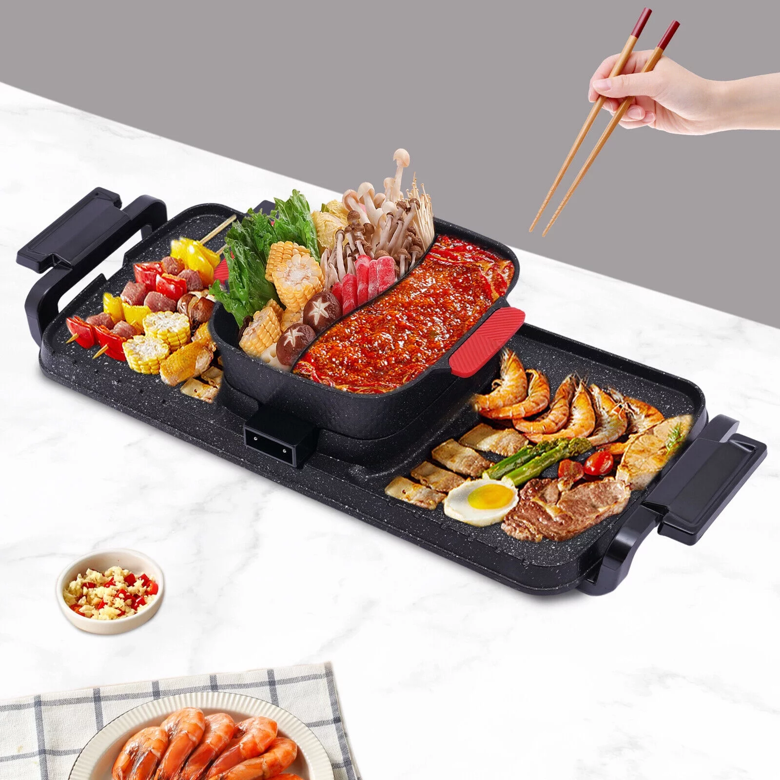 Denest Electric 2 in 1 Hot Pot BBQ Oven Smokeless Barbecue Pan Grill Hotpot Machine