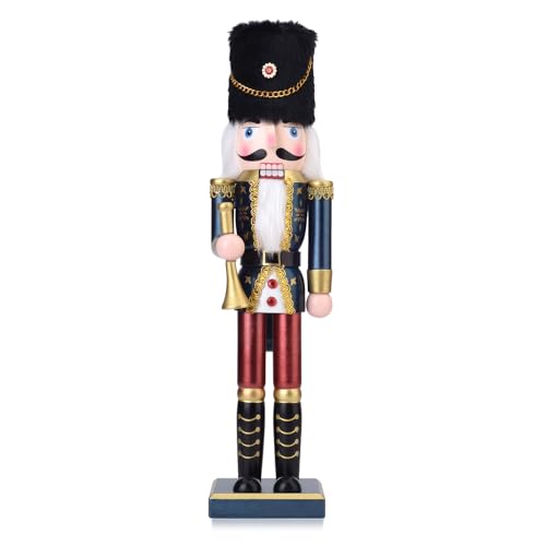 Wooden Christmas Nutcracker Soldier with Bugle, 15 Inch Handcrafted Nutcracker Figure Christmas Decor for Shelves and Tables