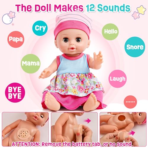 Golray 12in Girl Baby Doll Crib and High Chair Set - Sound&Pee Interactive Baby Doll with 20pcs Accessories Diaper Bag/Cradle/2 Clothes, Feeding Nursery Pretend Play Toddler Girl Toy Gift 3 4 5 6 Year