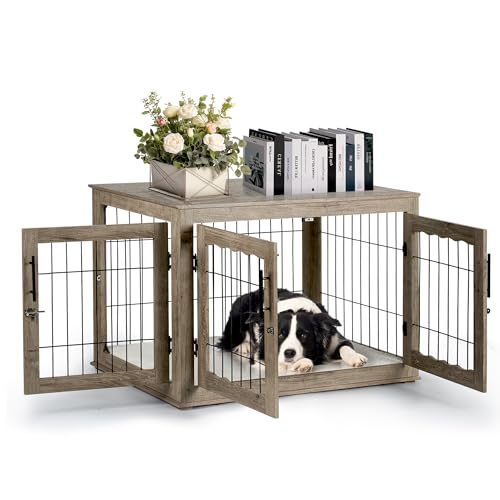 Dog Crate Furniture, 32 inch Medium Dog Crates with Bed Mat, Wooden Dog Kennel Furniture, End Side Table Dog Cage with 3 Doors, Greige