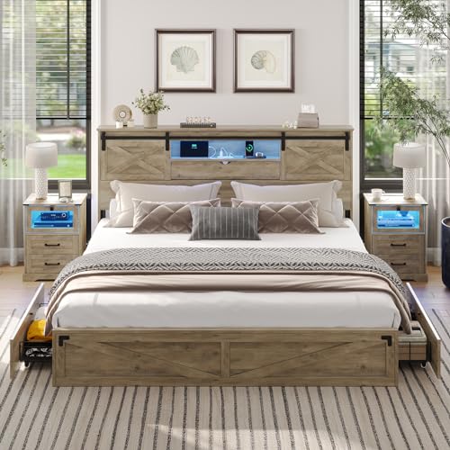 Hasuit Farmhouse Bed Frame California King Size with Storage Bookcase Headboard, Wooden Cal King Bed with LED Lights, Charging Station, 2 Drawers, Country Rustic Bed Frame with Sliding Barn Door