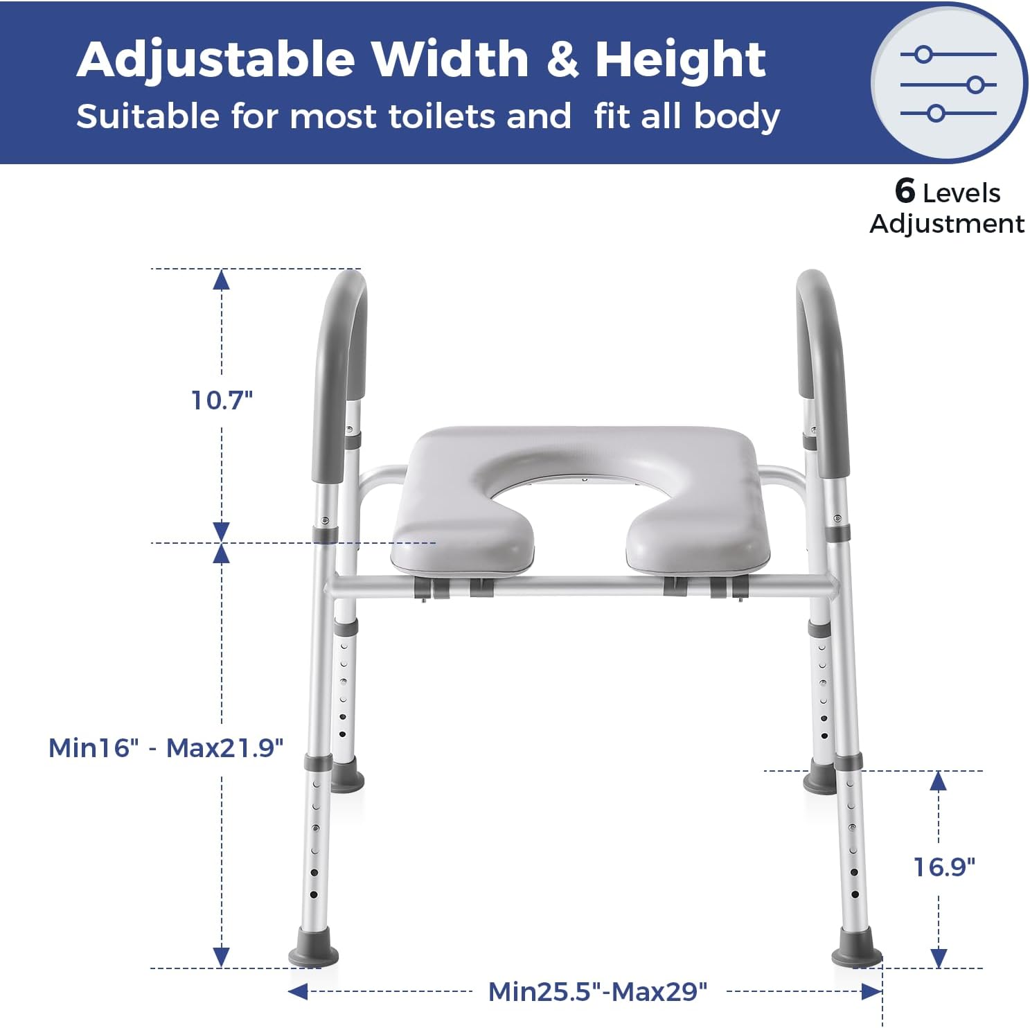 Raised Toilet Seat with Handles 350lb, Adjustable Width/Height Elevated Toilet Seat Riser, Safety Toilet Riser & Commode Chair for Seniors, Handicap, Pregnant