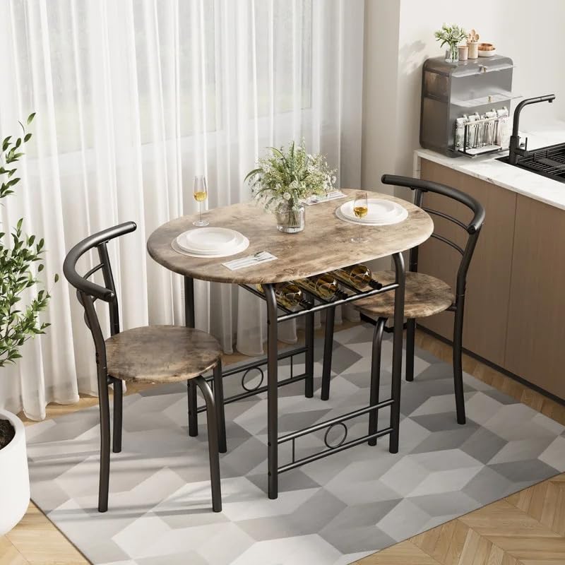Shahoo 3-Piece Wooden Dining Table Set, Kitchen Breakfast Nook Sets with 2 Chairs & Round Tabletop, Space Saving Furniture Metal Frame and Built-in Wine Rack, Walnut