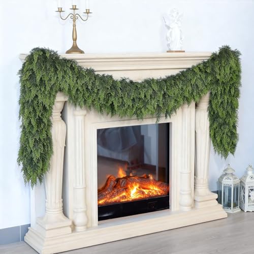 9FT Cedar Garland for Fireplace - Artificial Christmas Garland Thick and Lush Realistic Faux Cedar Fake Pine Needles Garland for Table,Window,Stairs,Mante,Indoor Outdoor Decor (1PCS)