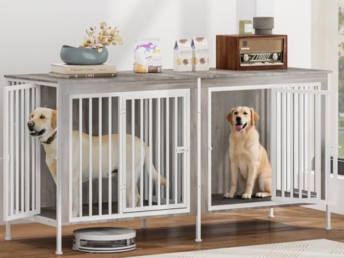63 Inch Dog Cage Furniture for 2 Medium/Large Dogs with Sturdy Removable Divider, Extra Large Double Doors Dog Kennel, XXL Thick Wooden Dog cage Furniture, Dark Grey
