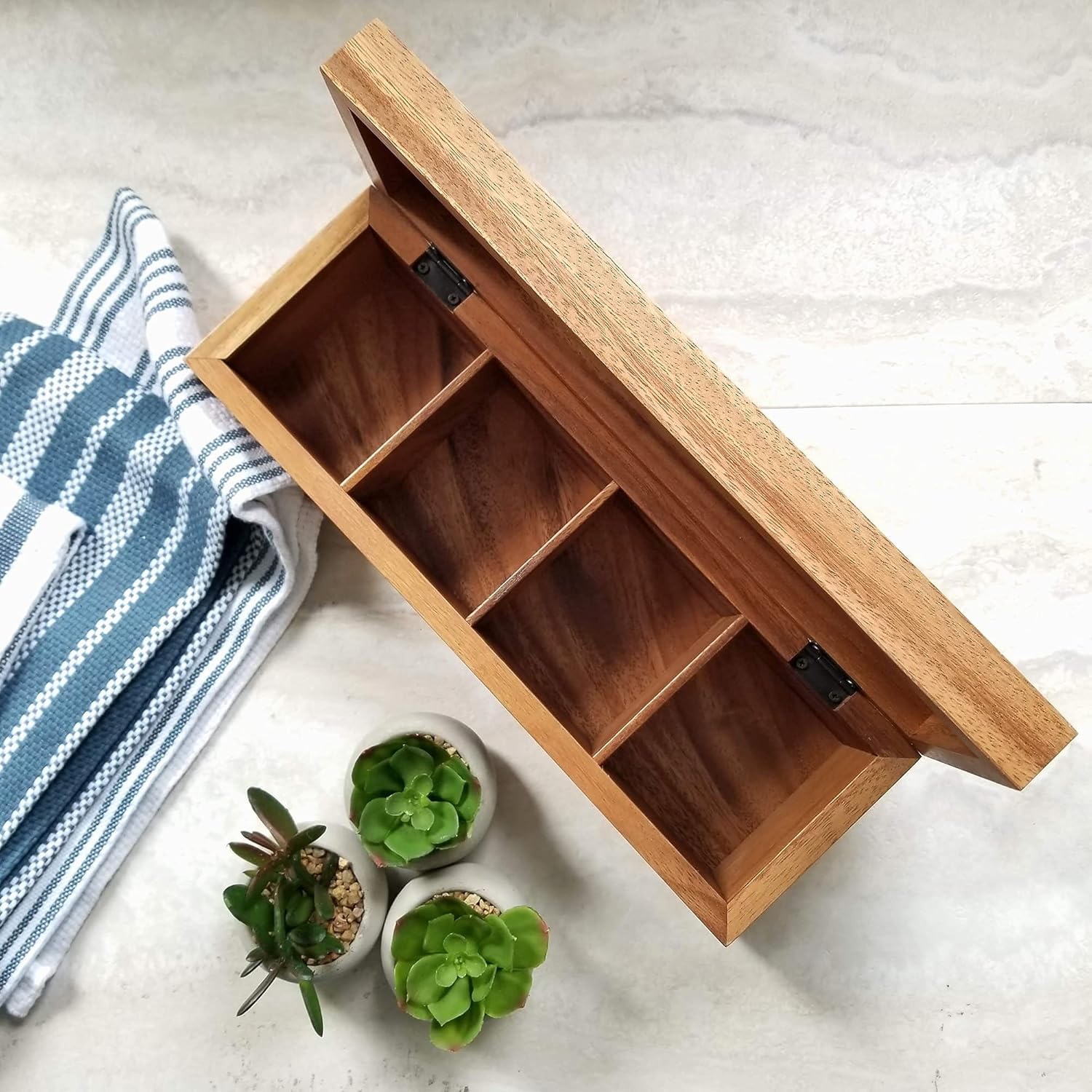 Lipper International Acacia Wood Tea Box with 4 Sections, 12-1/2