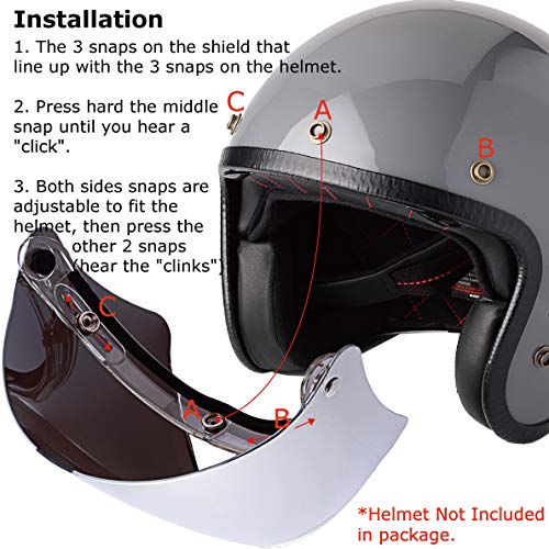 Universal 3-Snap Flip Up Visor Shield Lens for Retro Open Face Motorcycle Helmet (Clear)
